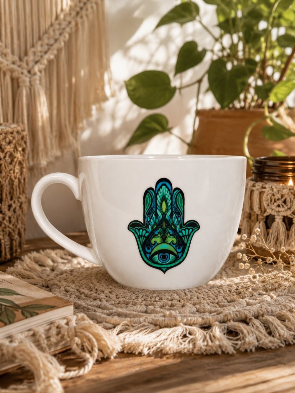 Hamsa Hand Coffee Mug Green 16oz Boho Tea Cup